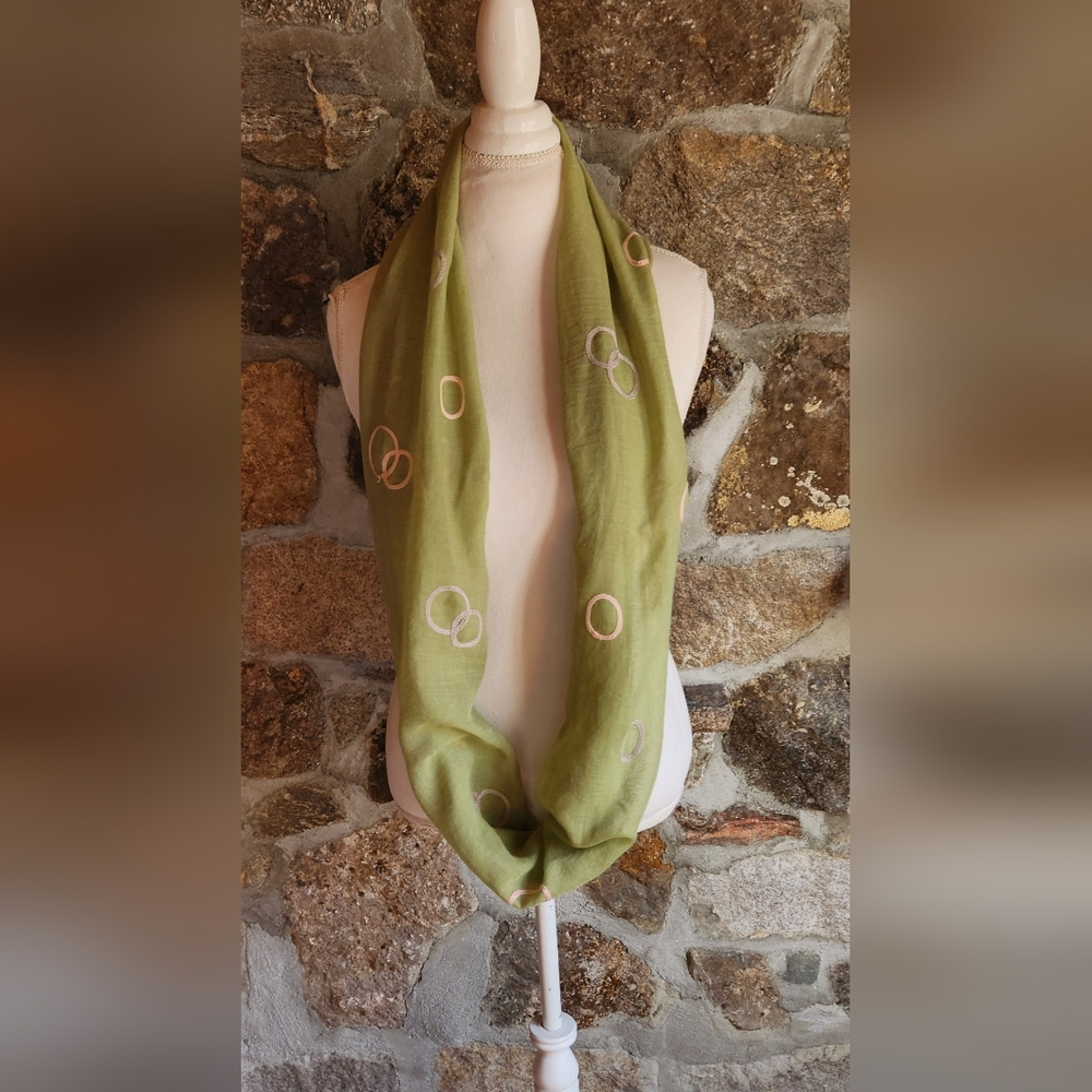 Lightweight Infinity Scarf Embroidered Gold & Silver Rings Sage Green